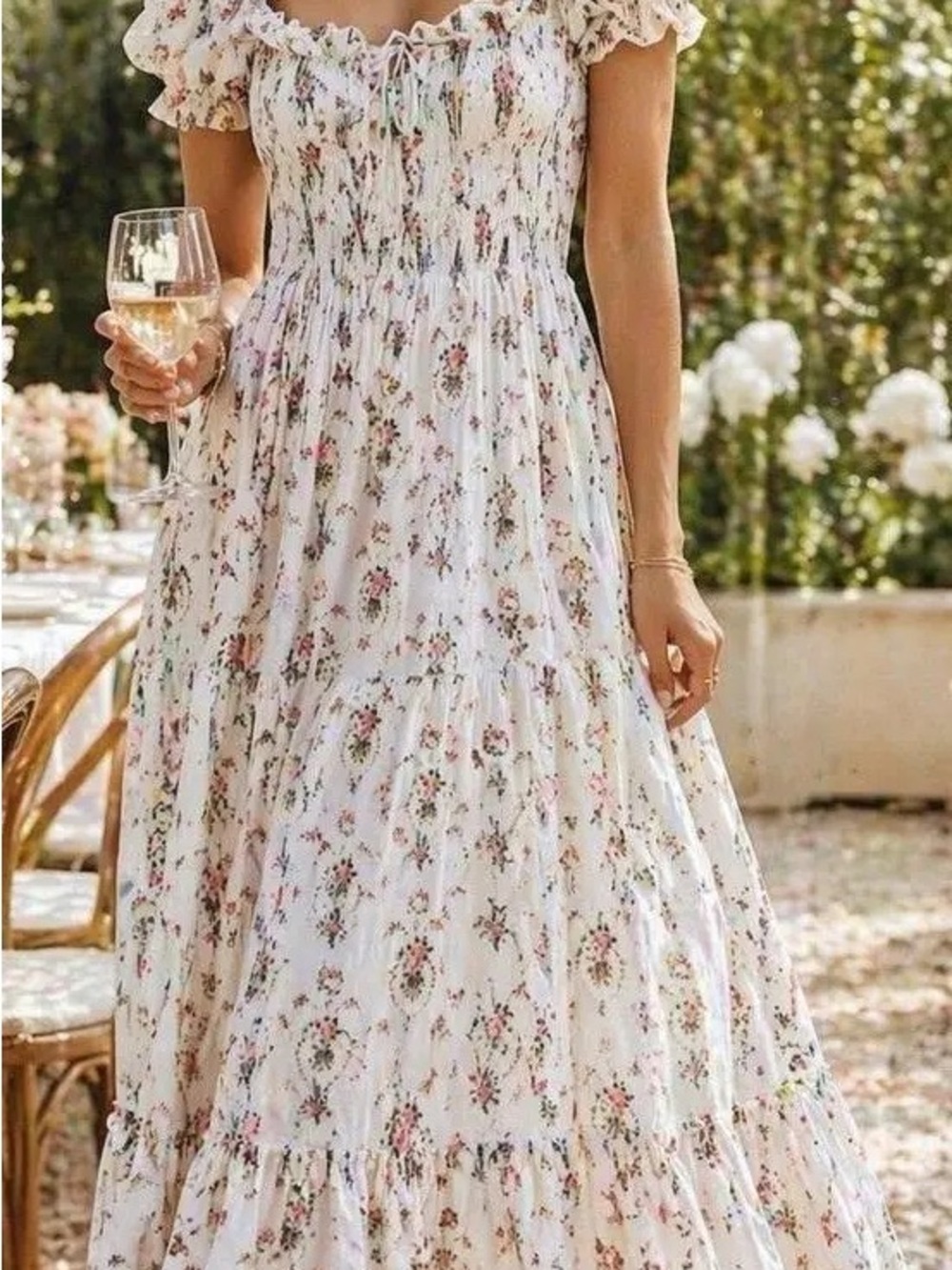 LoveShackFancy Terrence white & pink Floral smocked dress with Pink Roses - Picture 5 of 6